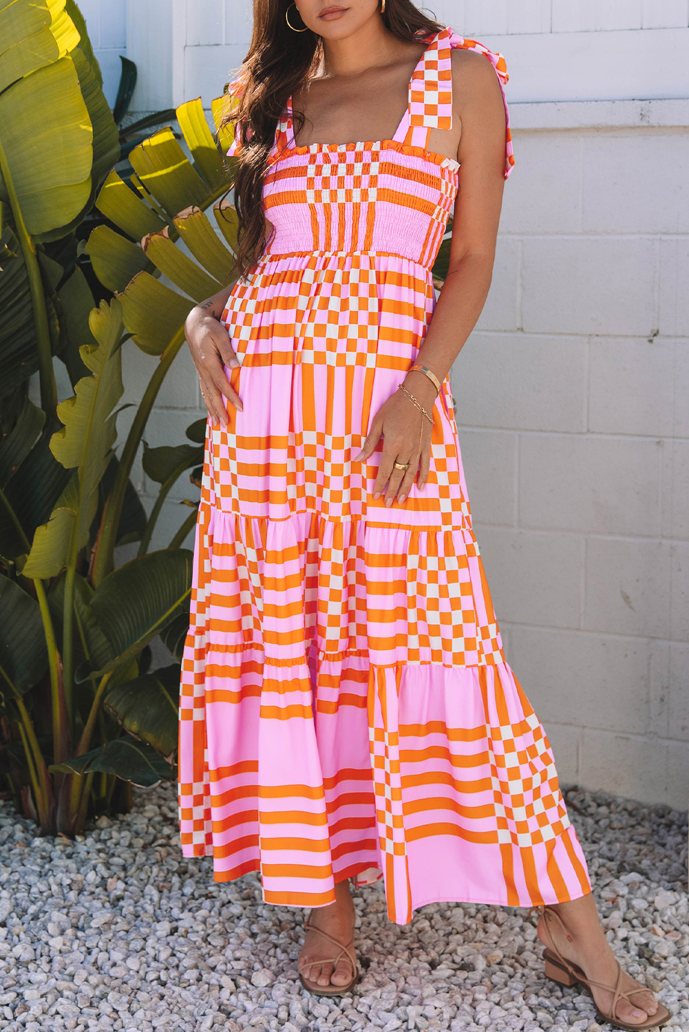 Pink Boho Gingham Tied Straps Smocked Maxi Dress - loveforevers