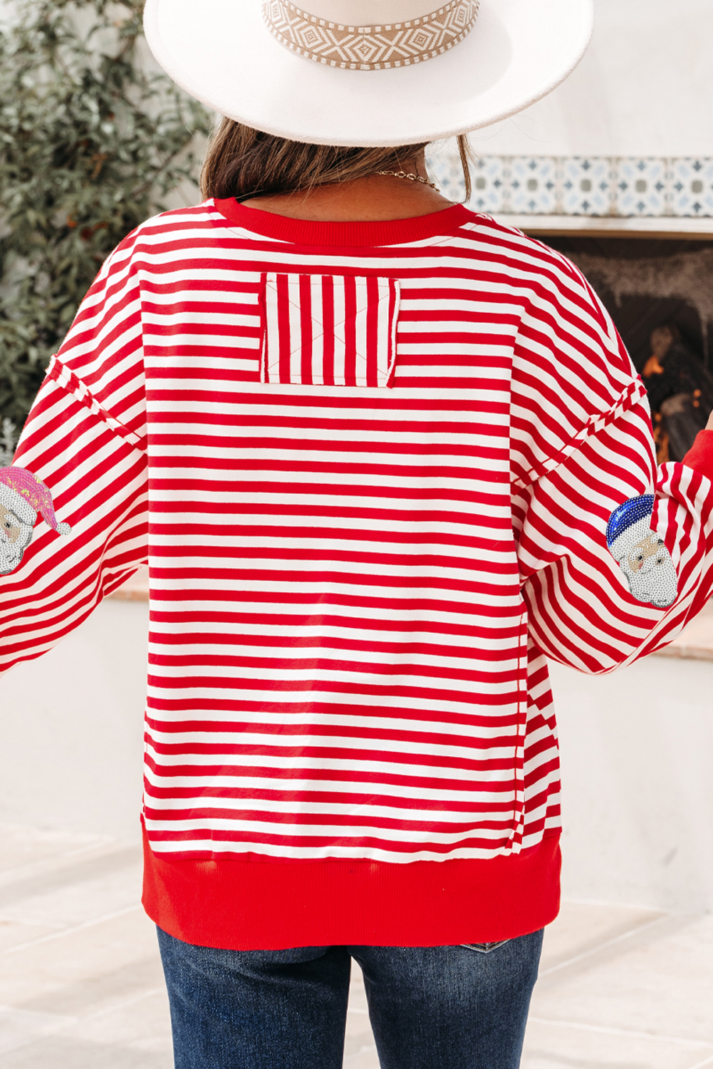 Red Stripe Sequin Santa Round Neck Raw Seam Detail Christmas Long Sleeve Top - loveforevers