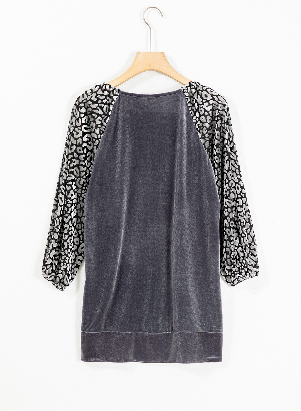 Medium Grey Leopard Splicing Lantern Sleeve Velvet Blouse - loveforevers