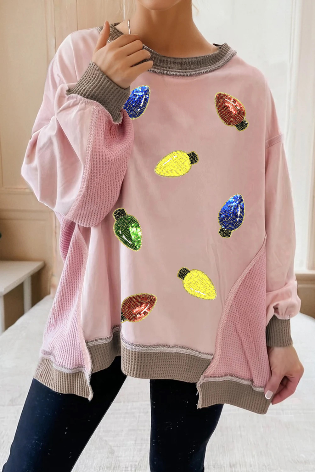 Light Pink Waffle Color Block Patchwork Sequin Christmas Light Bulb Loose Sweatshirt - loveforevers