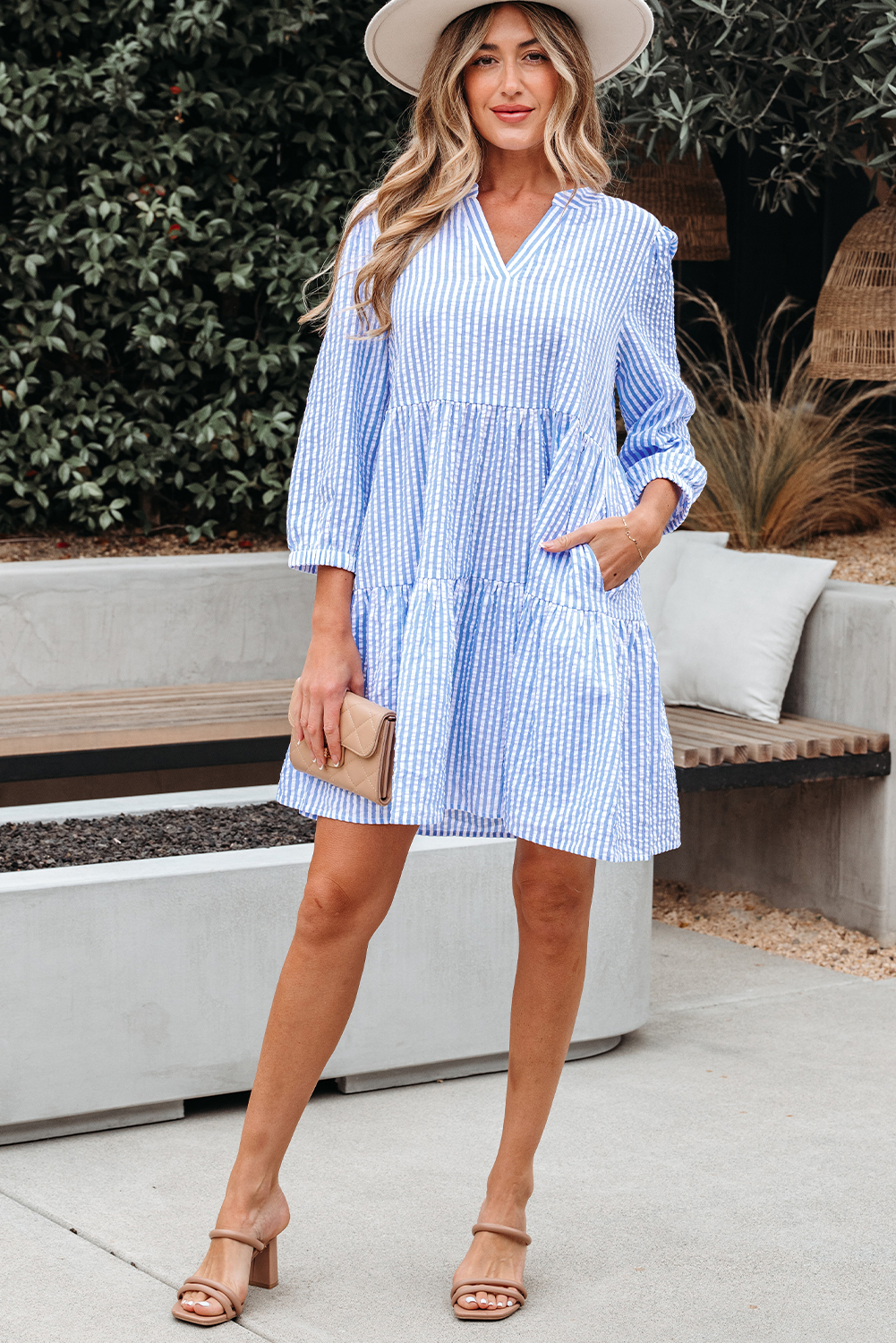 Sky Blue Stripe Bracelet Sleeve Tiered Shift Dress with Pockets - loveforevers