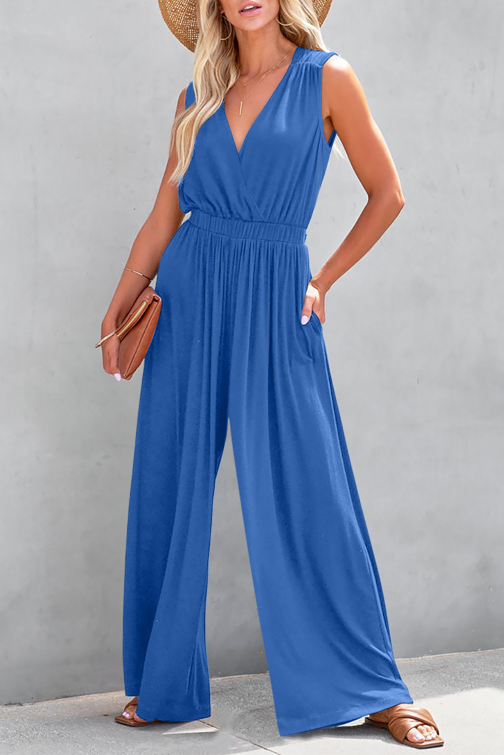 Black Deep V Pleated Crisscross Wide Leg Backless Jumpsuit - loveforevers