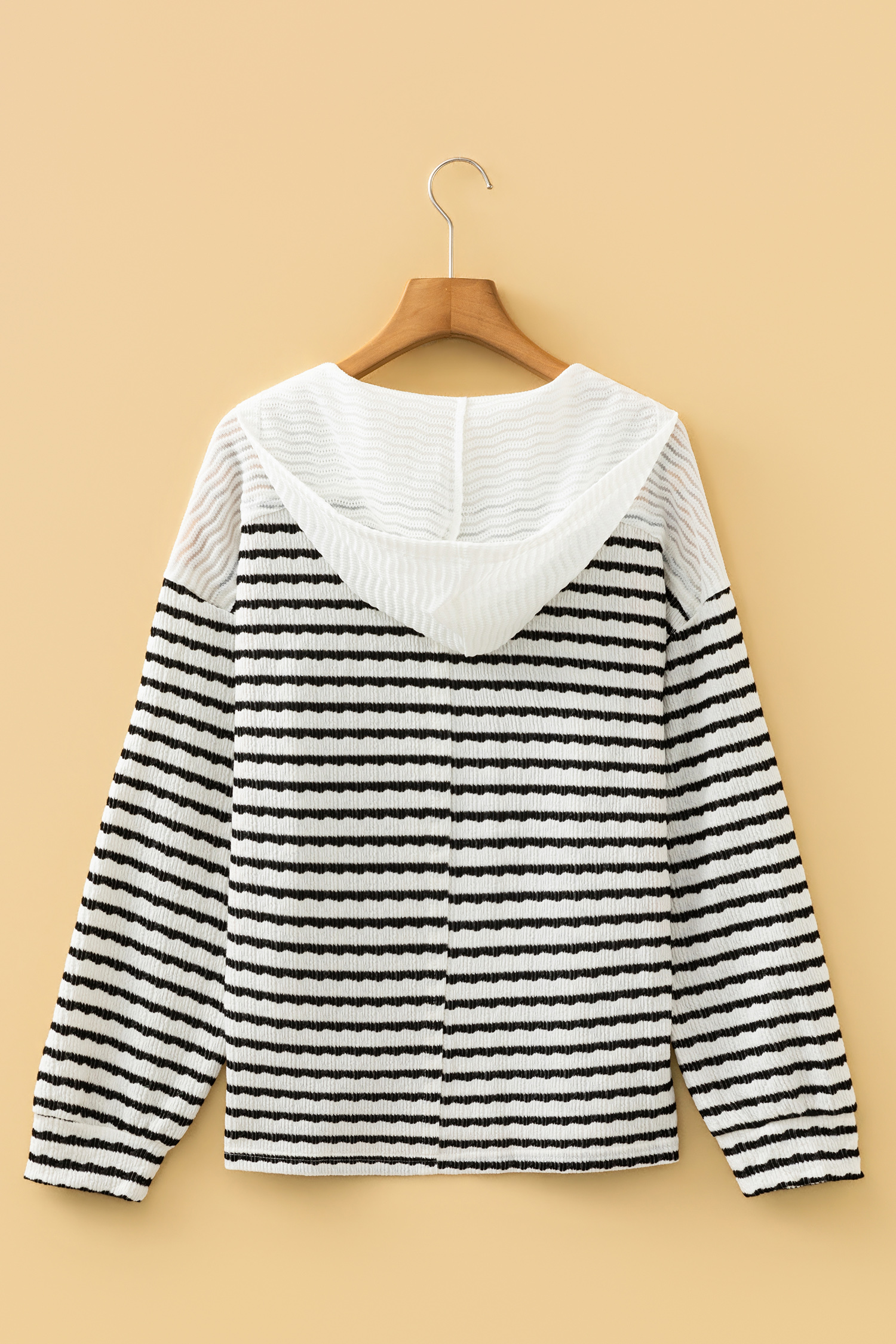 Khaki Stripe Textured Hooded V Neck Casual Long Sleeve Top - loveforevers