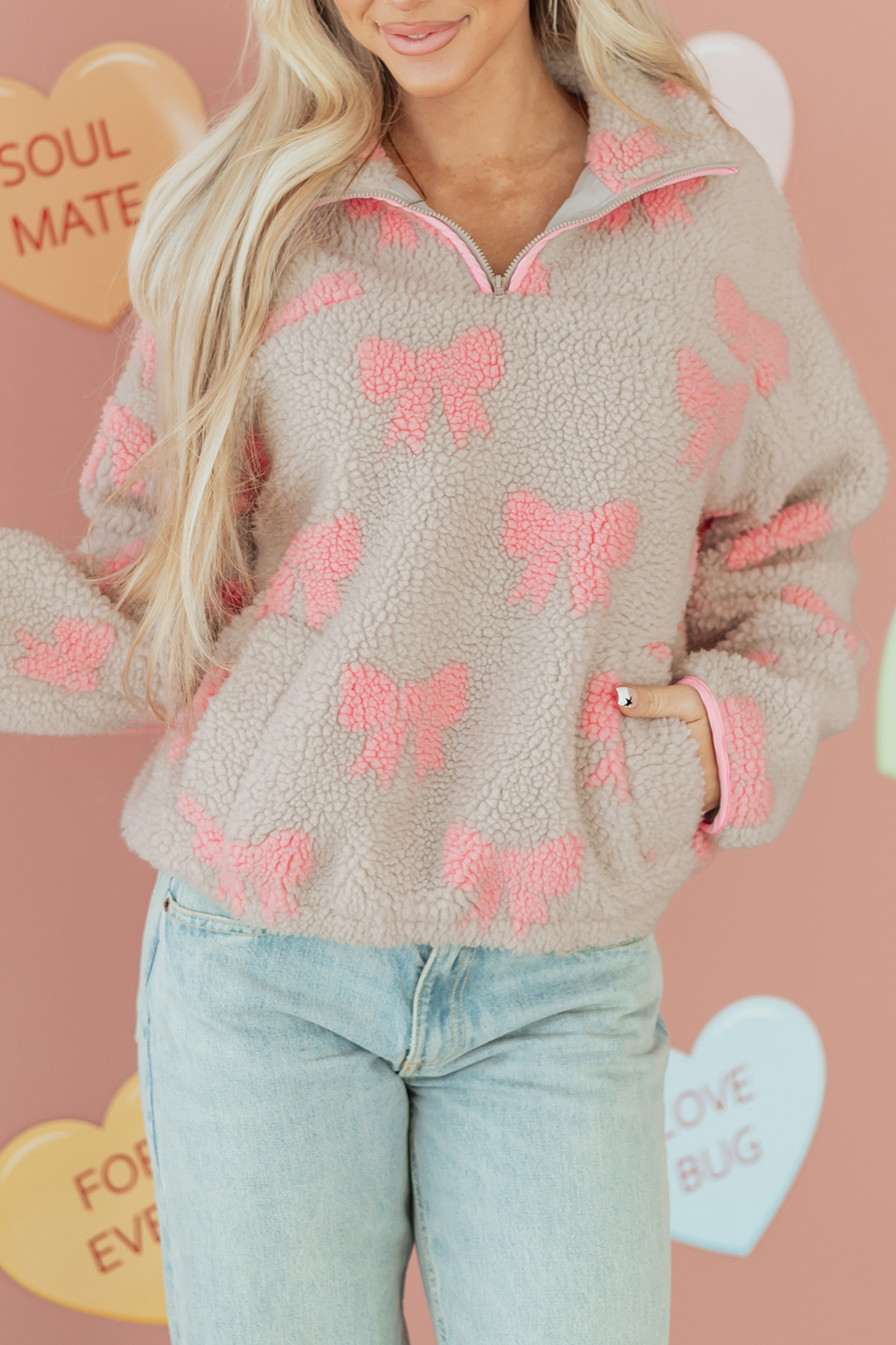 Gray Bow Sherpa Quarter Zip Drop Shoulder Baggy Sweatshirt - loveforevers