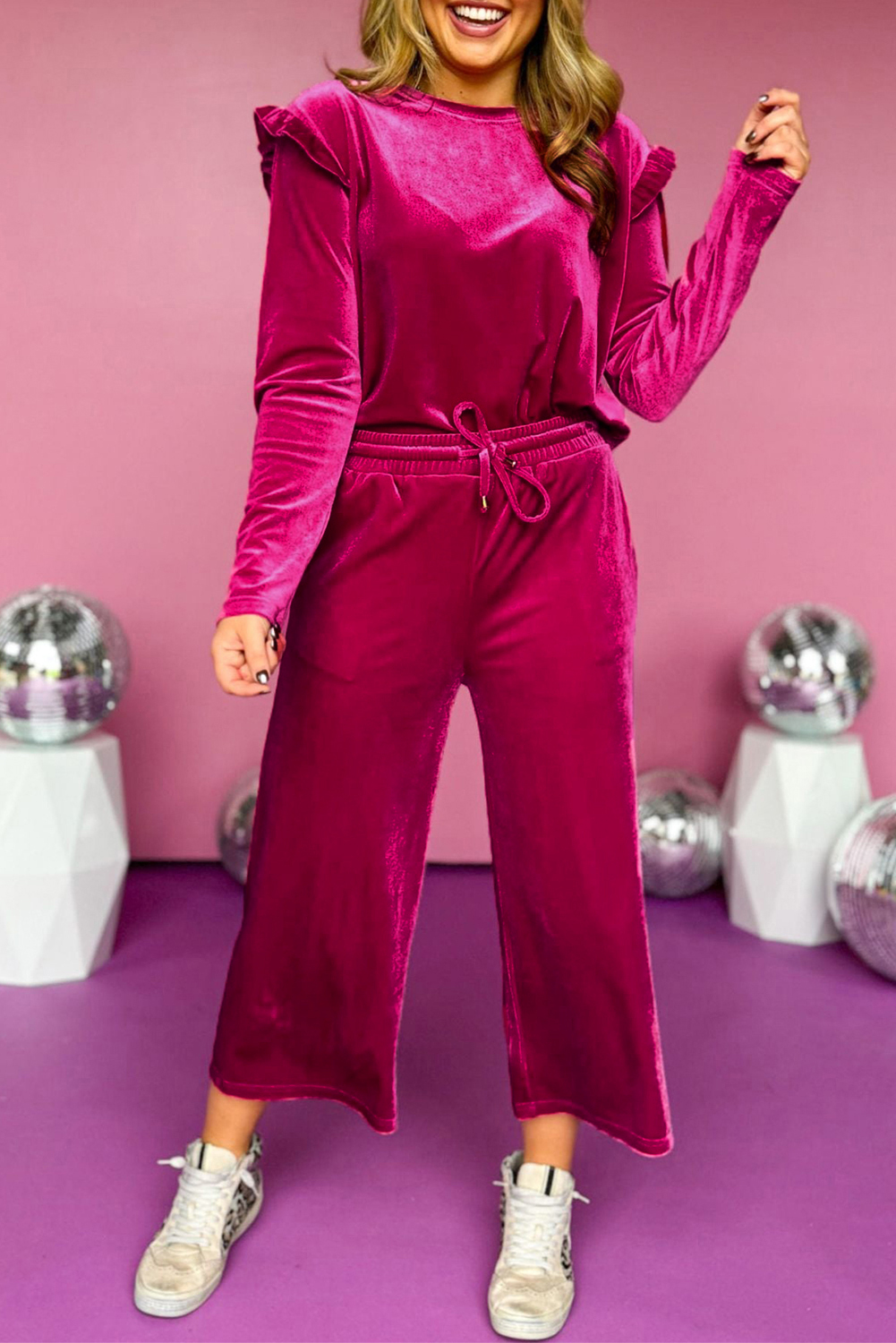 Navy Blue Solid Velvet Ruffled Two Piece Pants Set - loveforevers