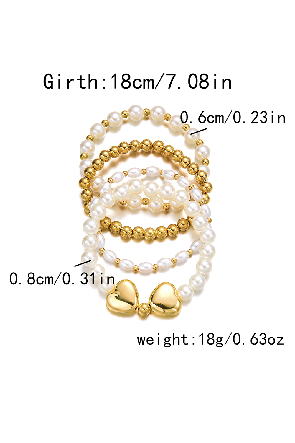 Gold Heart Pearl Plated Beaded Elastic Bracelet Set - loveforevers