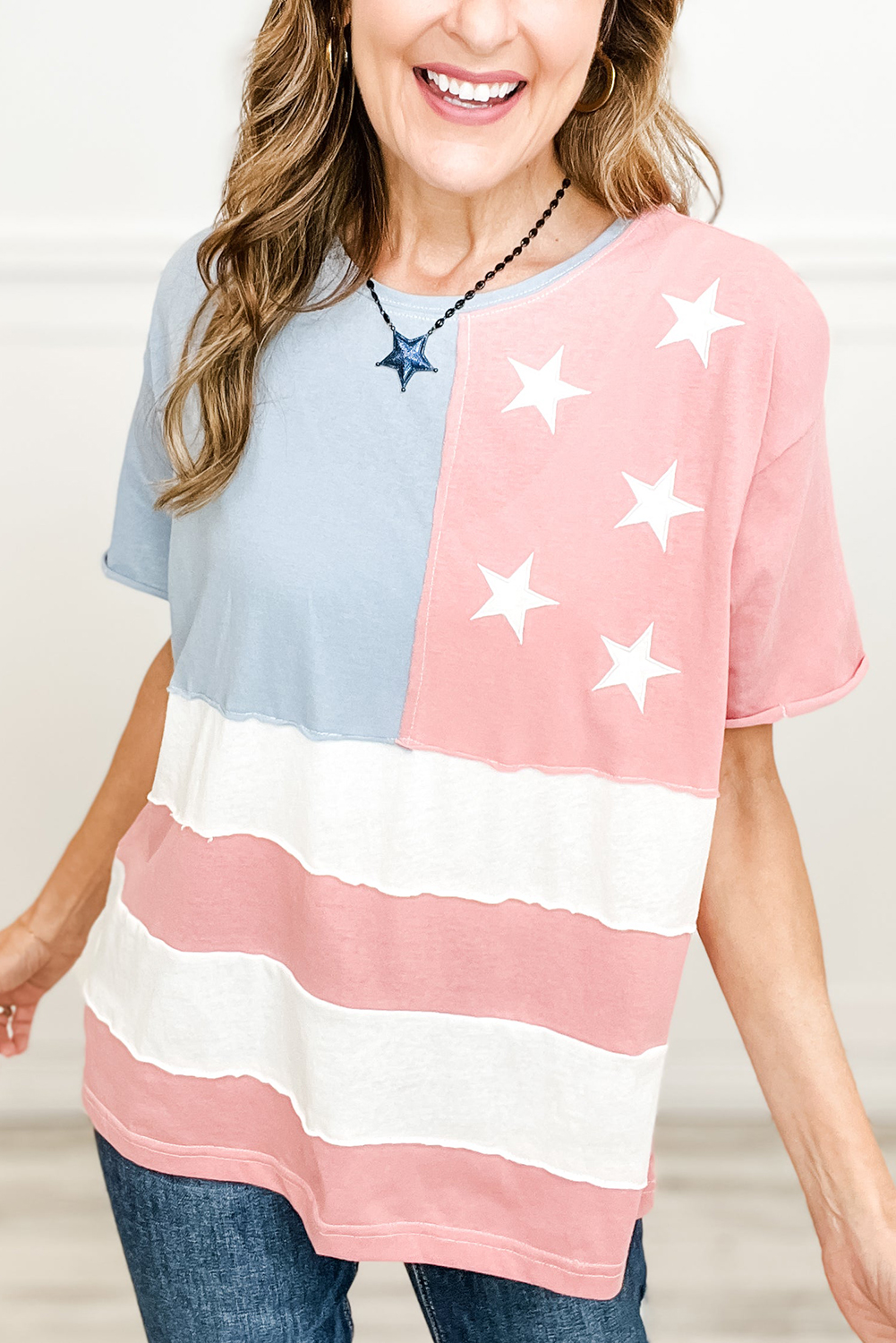 Pink Stars and Stripes Printed Crewneck Independence Day T Shirt - loveforevers