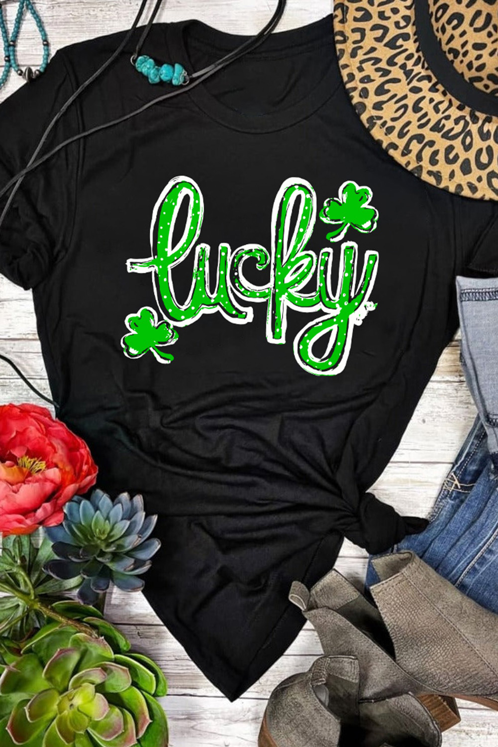 Black St. Patricks Lucky Clover Print O Neck T Shirt - loveforevers