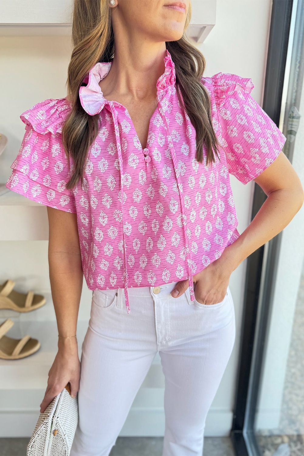 Pink Vintage Floral Ruffled Split Neck Short Sleeve Blouse - loveforevers
