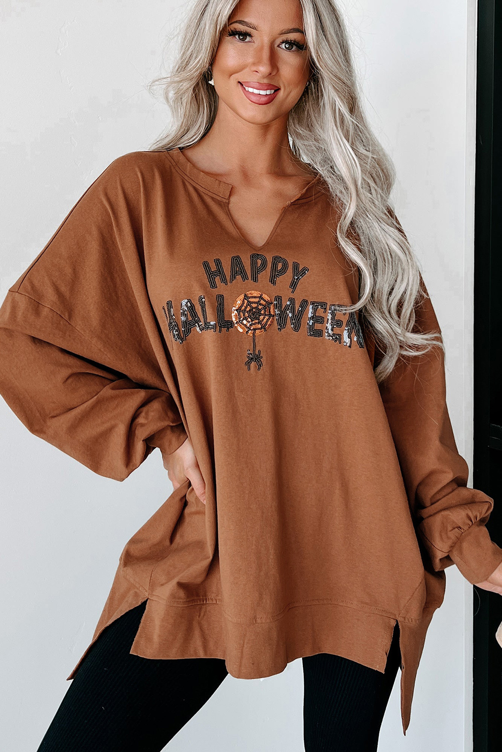 Medium Grey Sequin Happy Halloween Graphic Notched Neck Long Sleeve Loose Top - loveforevers