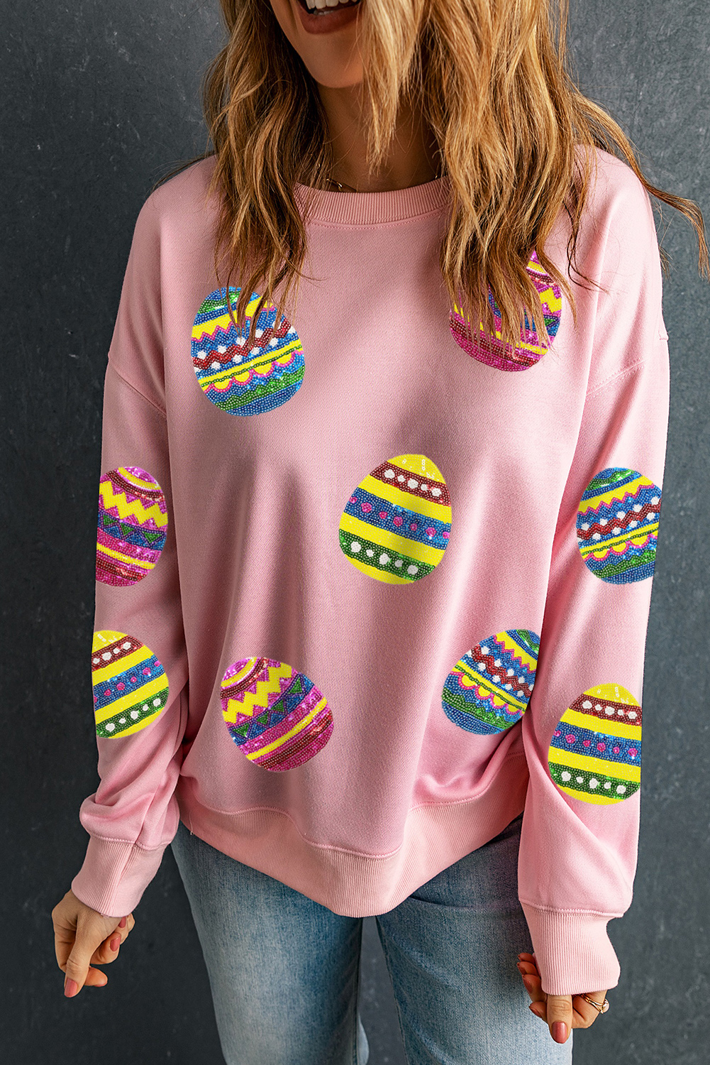 Pink Easter Egg Sequin Patched Crew Neck Sweatshirt - loveforevers