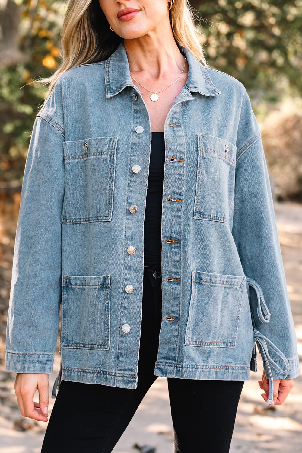 Beau Blue Multi Patched Pockets Side Tie up Boyfriend Style Denim Jacket - loveforevers