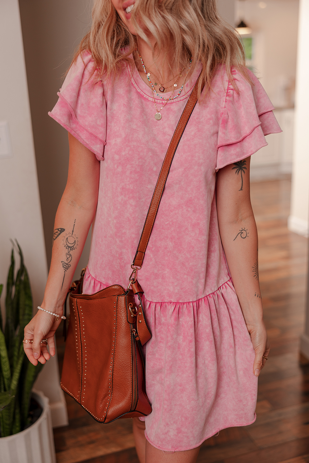 Sachet Pink Mineral Wash Raw Edge Ruffle Mini Dress - loveforevers
