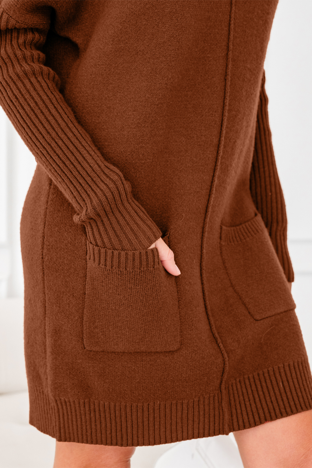 Fiery Red Ribbed High Neck Front Pockets Center Seam Shift Sweater Dress - loveforevers