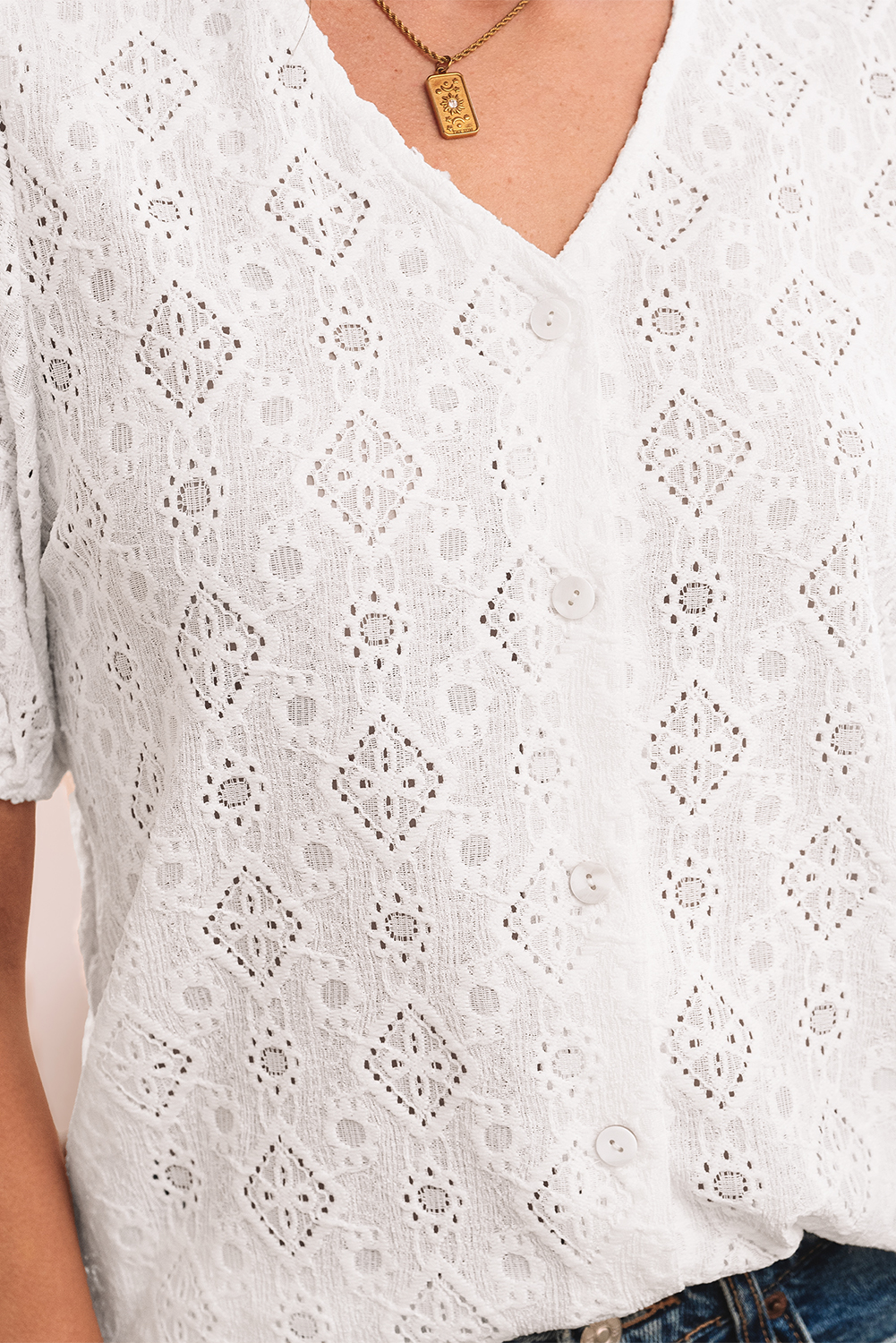 White Lace Puff Sleeve V Neck Button Up Shirt - loveforevers