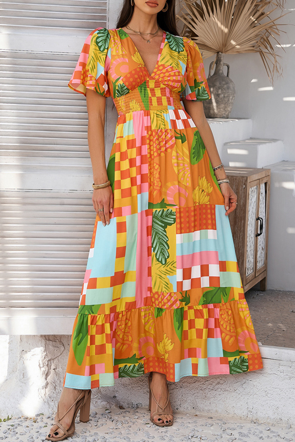 Orange Floral Print Smocked Empire Waist V Neck Maxi Dress - loveforevers