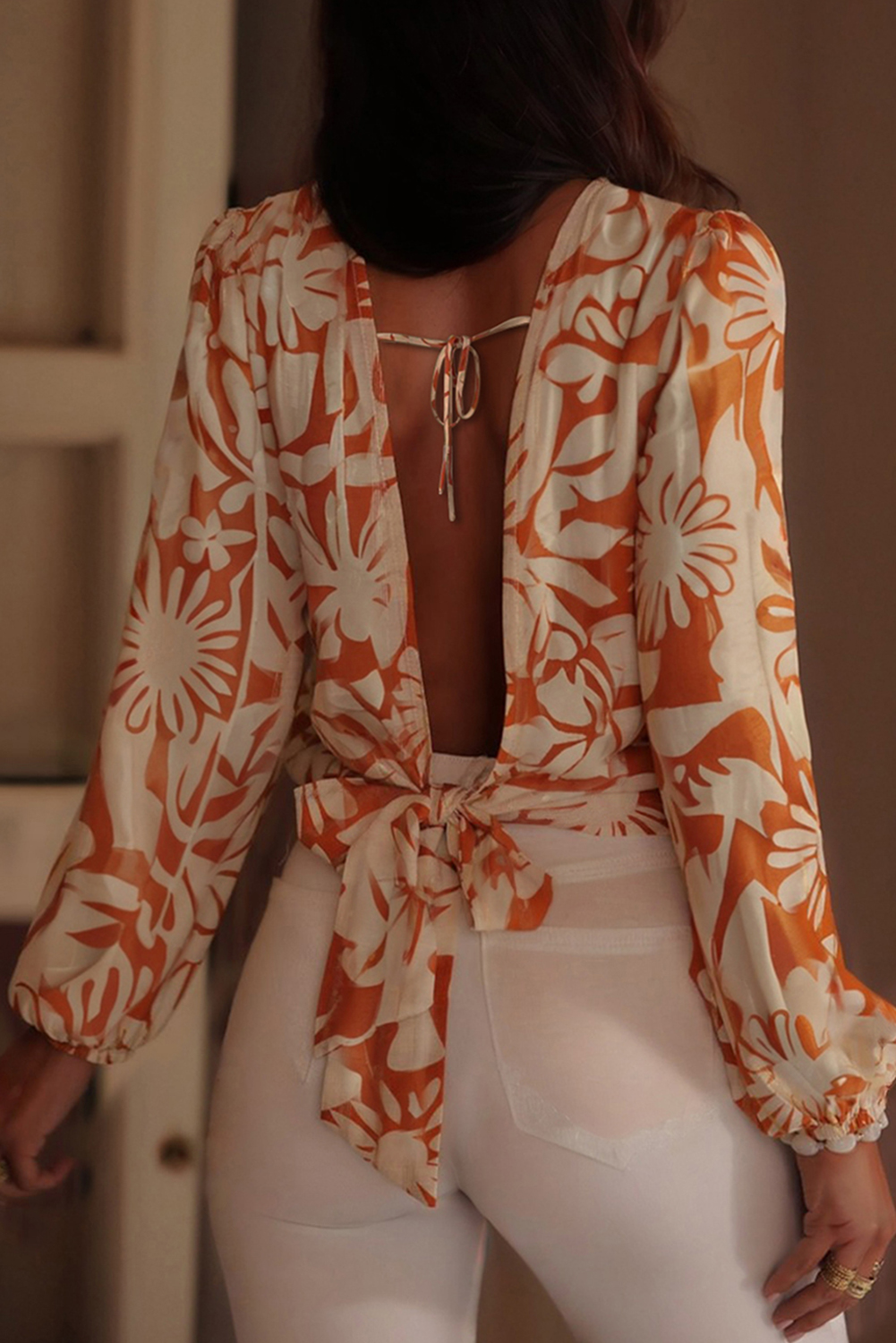 Orange Floral Print Knotted Open Back Long Sleeve Blouse - loveforevers