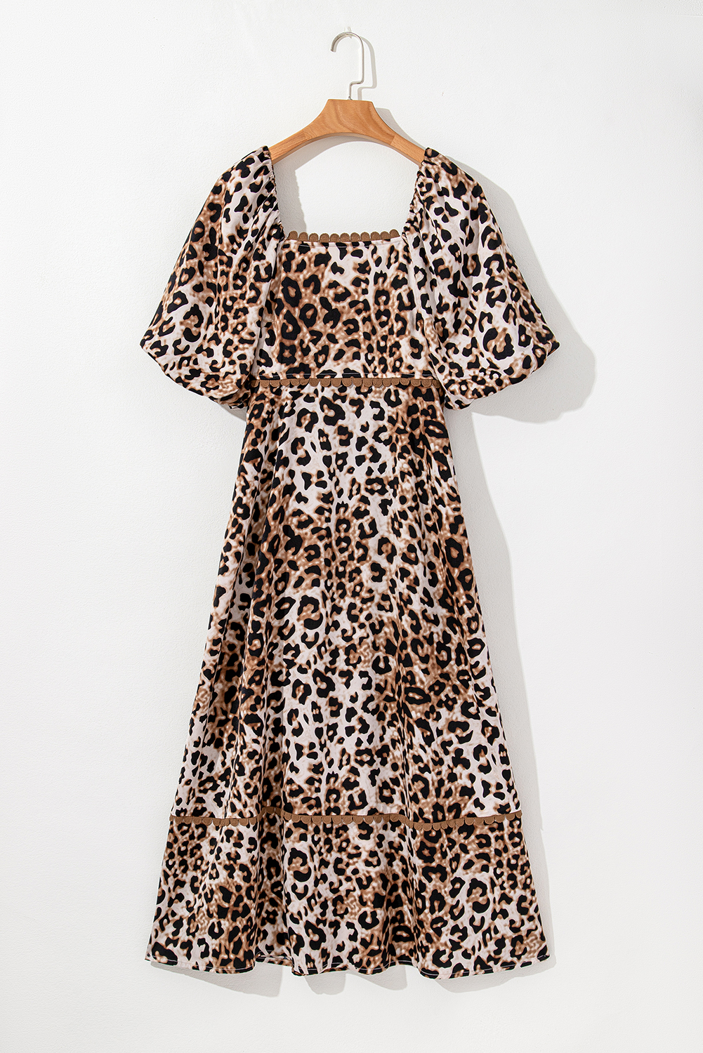 Brown Leopard Print Bubble Sleeve Square Neck Maxi Dress - loveforevers