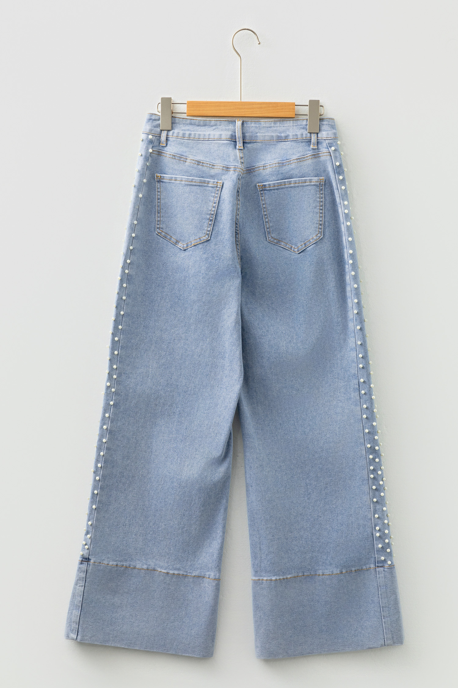 Beau Blue Mid Rise Pearl Embellished Split Wide Leg Jeans - loveforevers
