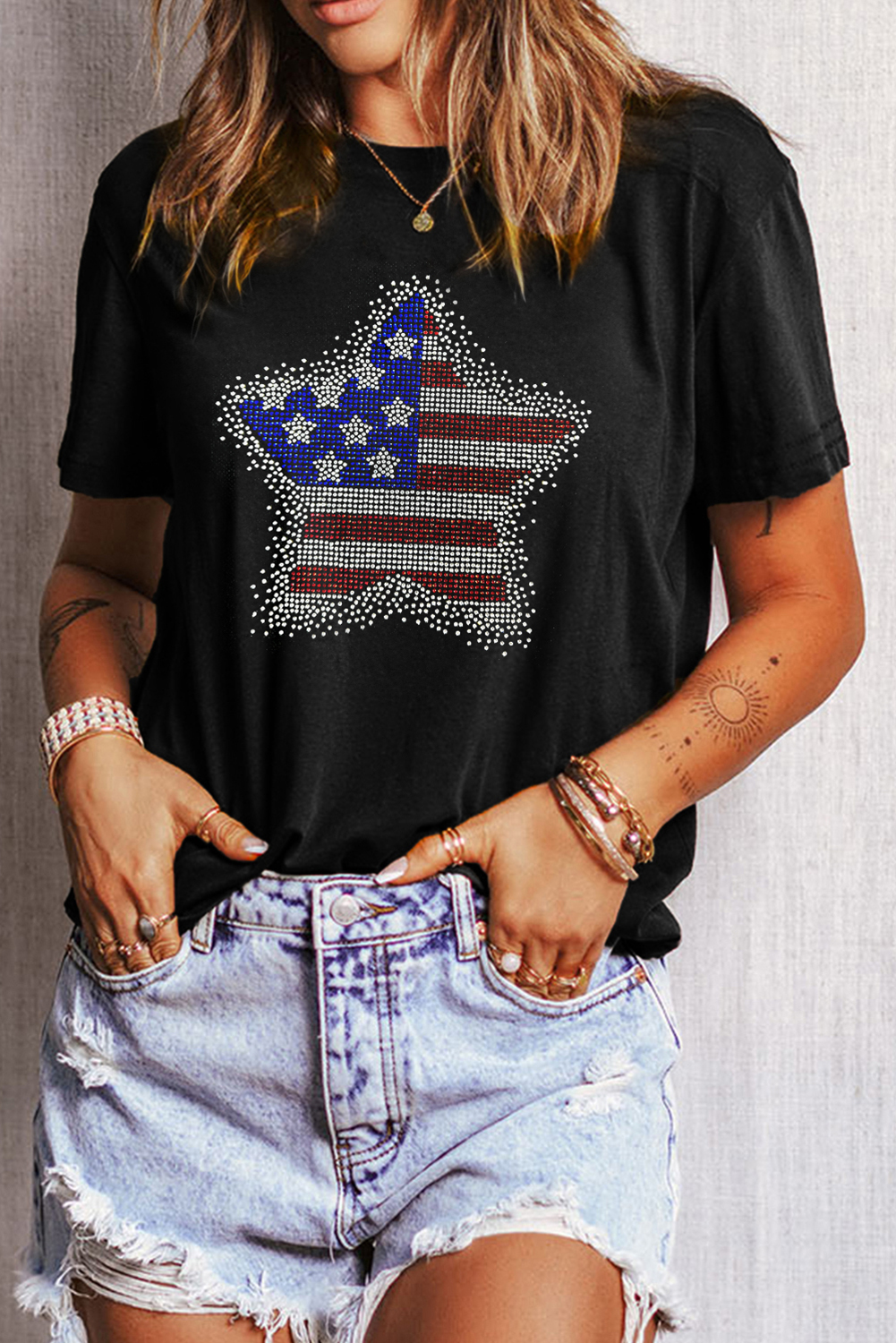 Black Flag Inspired Rhinestone Star Graphic T Shirt - loveforevers