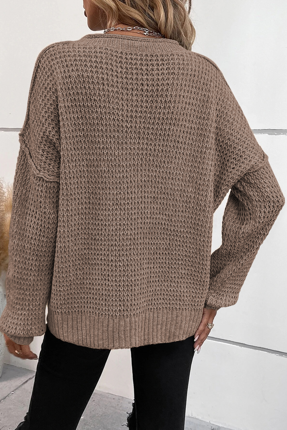 Khaki Pointelle Knit Button V Neck Drop Shoulder Sweater - loveforevers