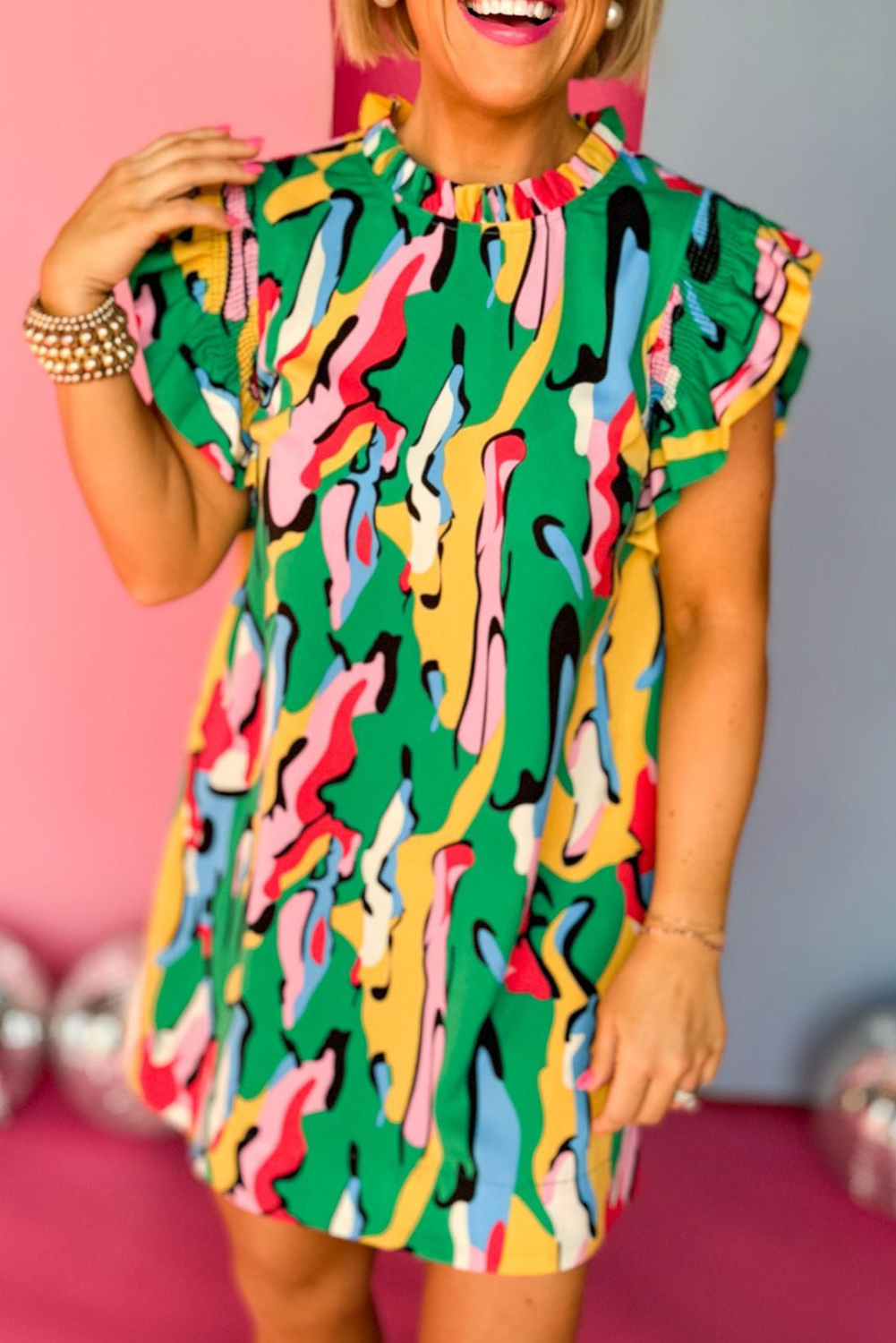 Green Abstract Print Frilled Neck Ruffled Sleeve Mini Dress - loveforevers