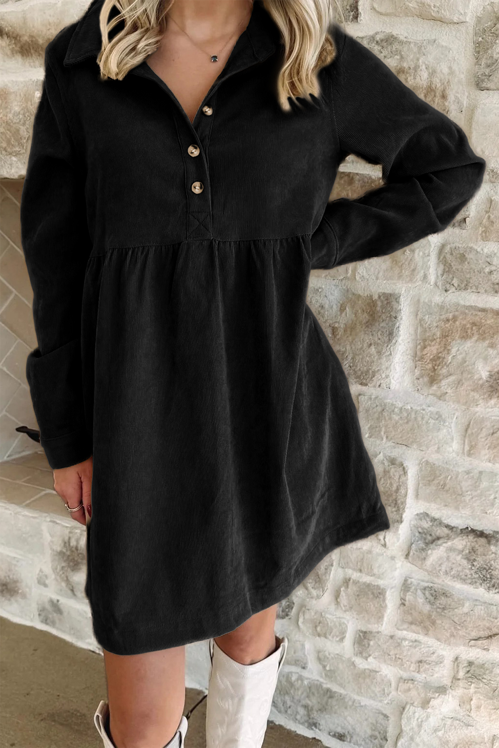 Black Corduroy Half Button Collared Long Sleeve Mini Dress - loveforevers