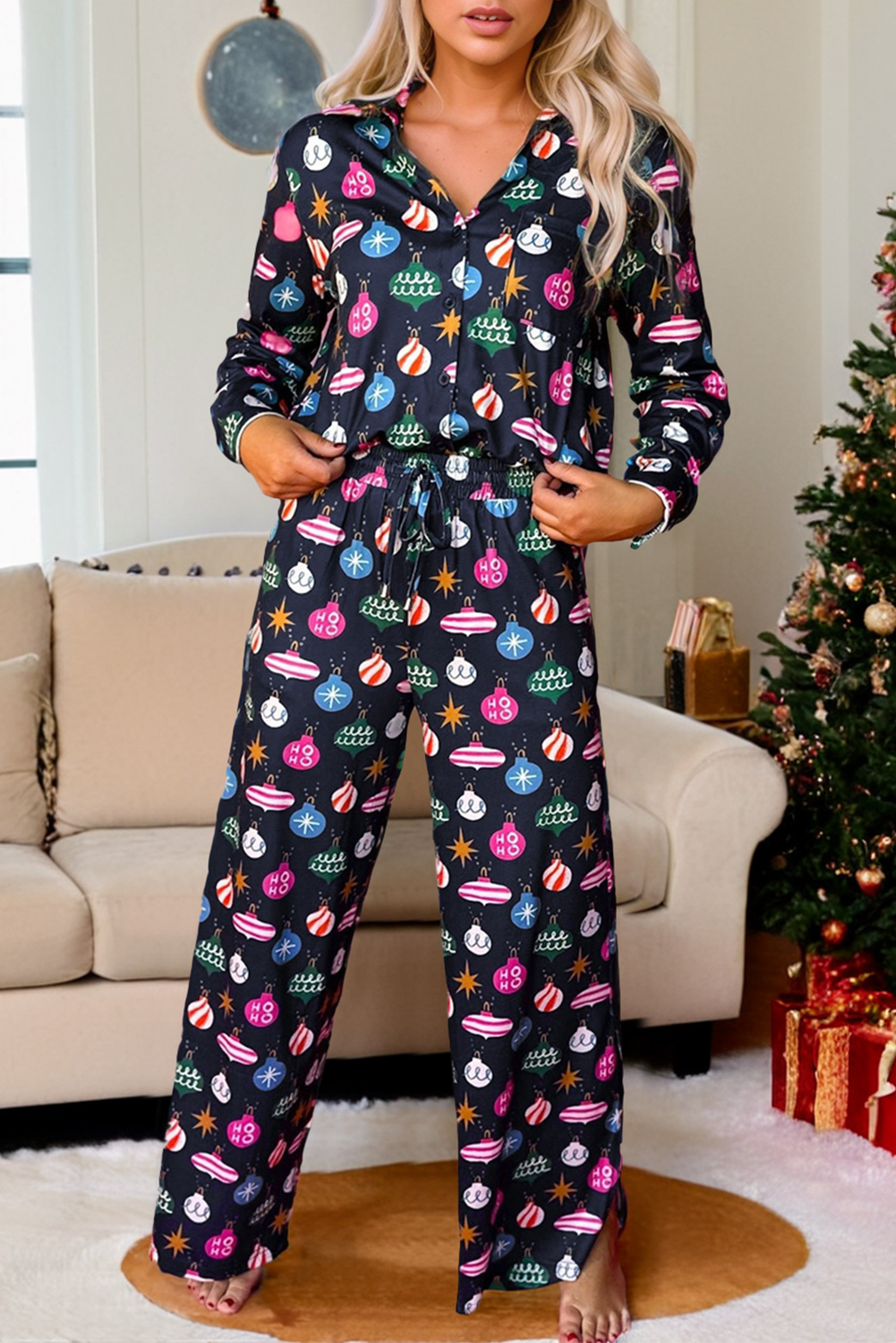 Navy Blue Colorful Christmas Lights Print Shirt and Pants Pajama Set - loveforevers
