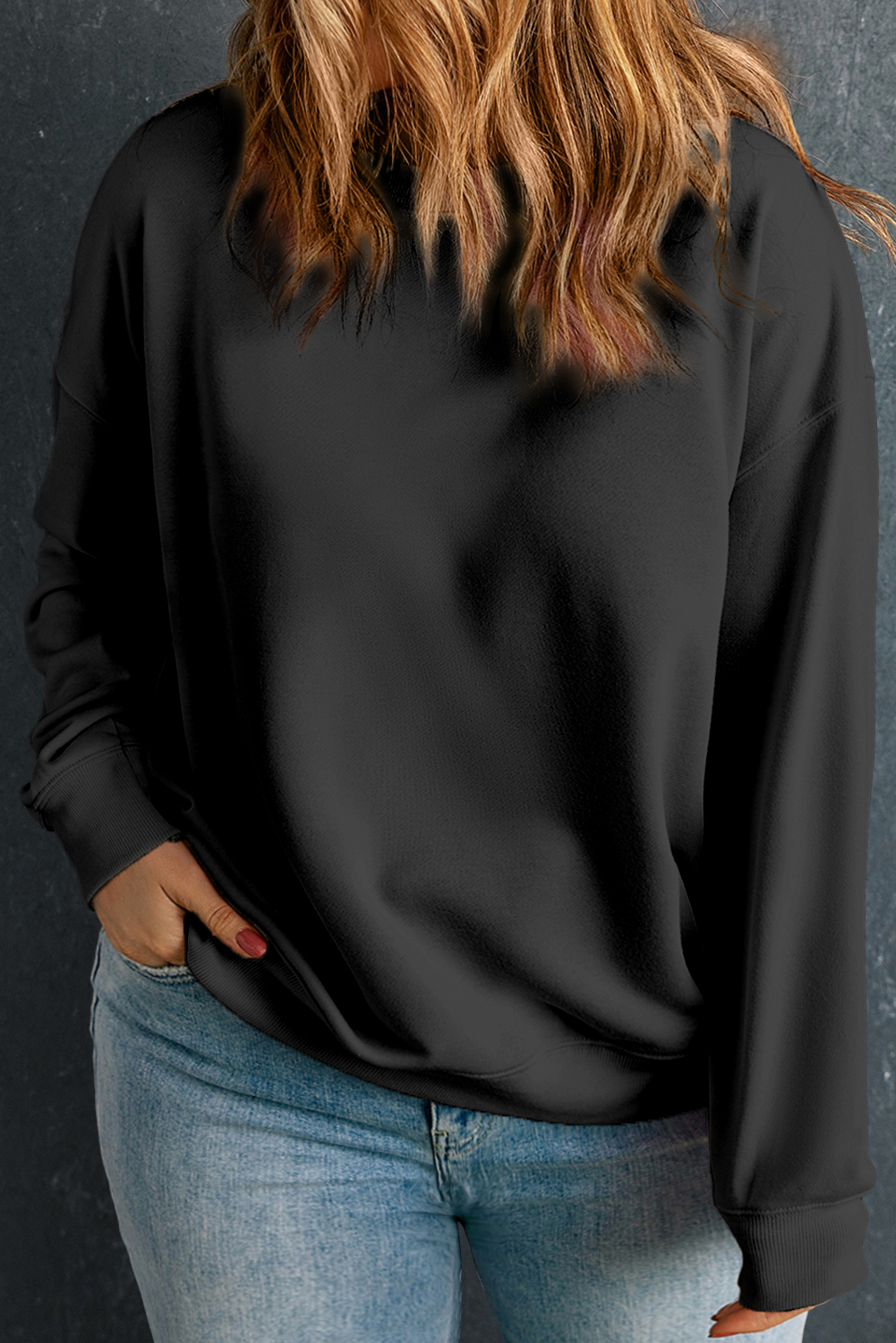 Black Solid Crew Neck Drop Shoulder Plus Size Sweatshirt - loveforevers