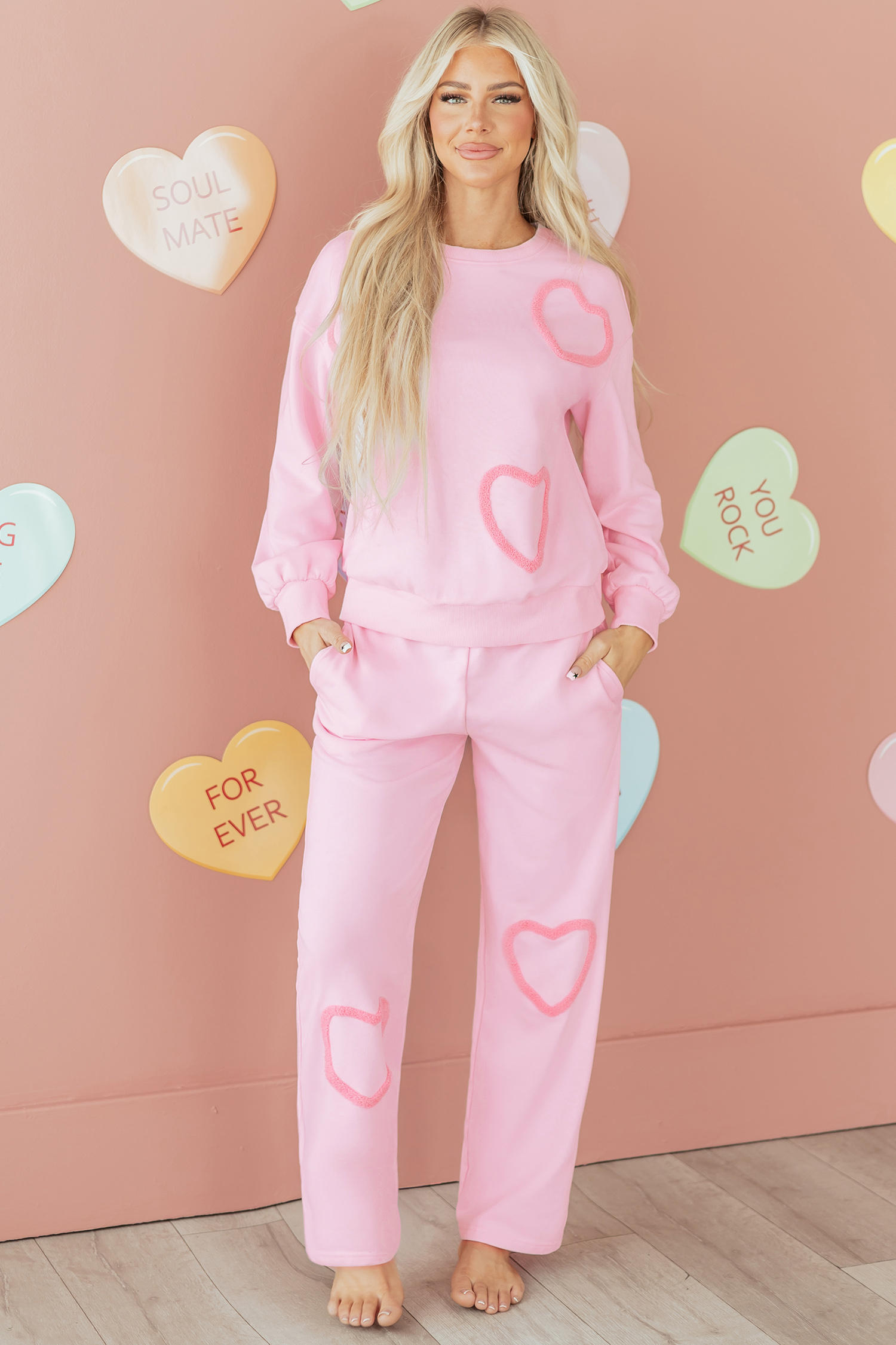 Phalaenopsis Chenille Heart Pattern Casual 2pcs Pants Set - loveforevers