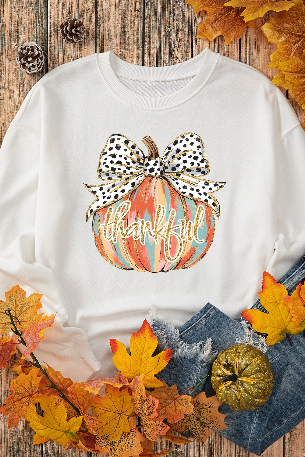 Beige Polka Dot Bow Knot Pumpkin Print Thanksgiving Sweatshirt - loveforevers