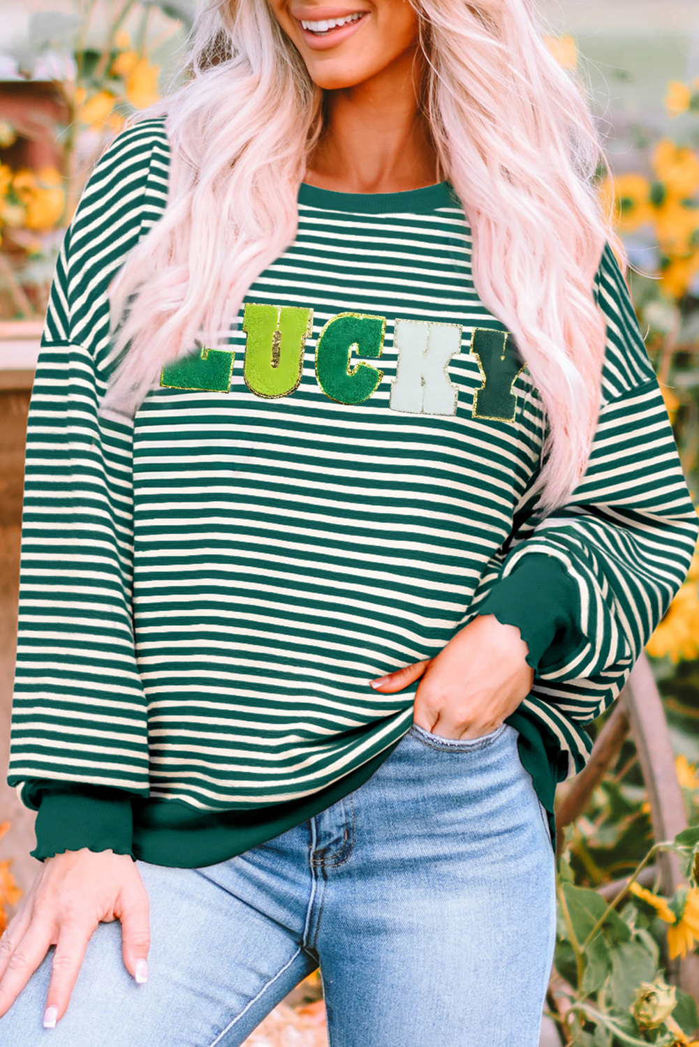 Green Stripe Chenille LUCKY Patched Pattern St Patrick Long Sleeve Top - loveforevers