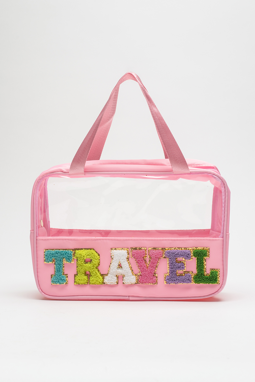 Light Pink TRAVEL Chenille Letter Clear PVC Makeup Bag - loveforevers