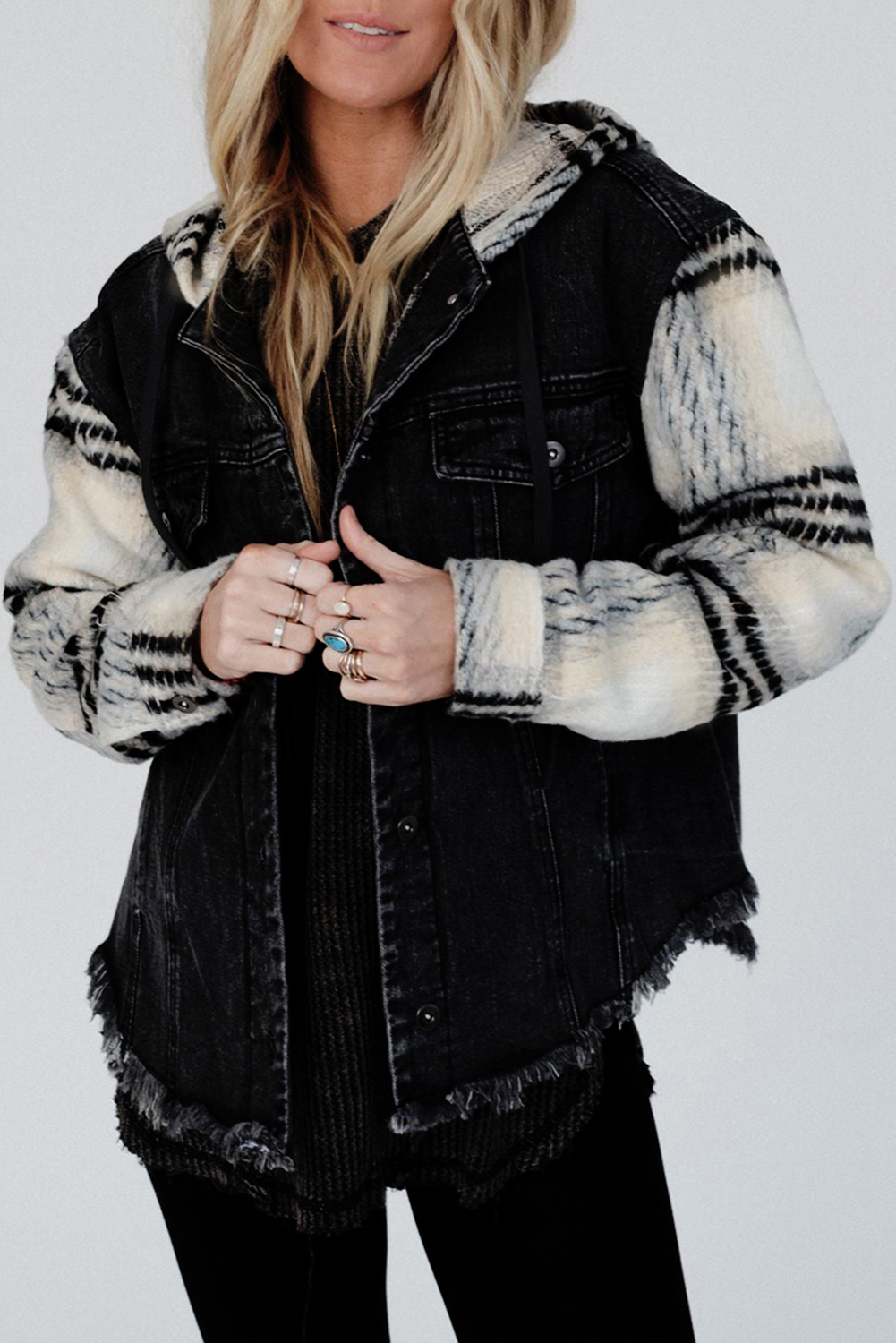 Black Plaid Sleeve Frayed Hem Hooded Denim Jacket - loveforevers