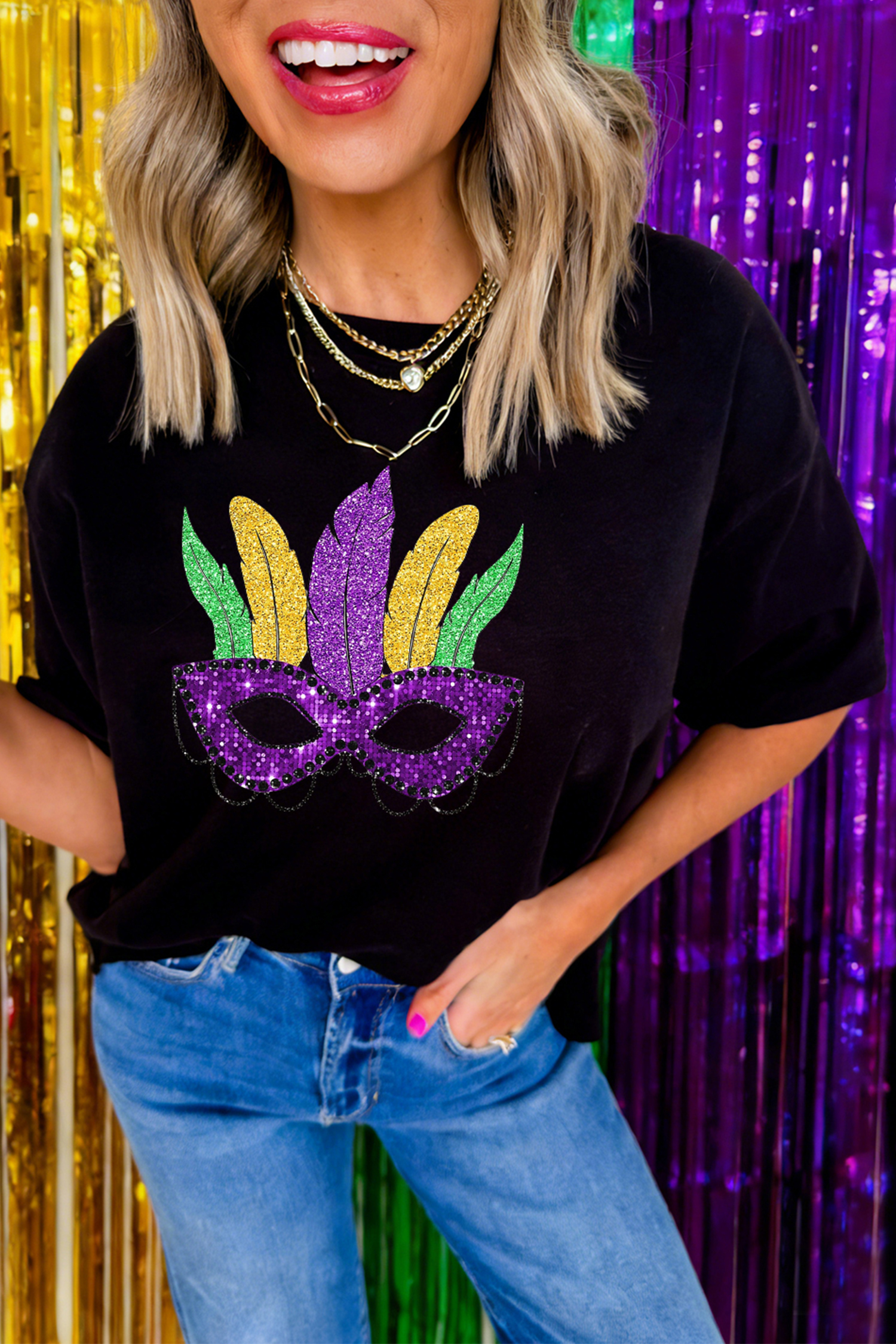 Black Glitter Mardi Gras Mask Graphic T Shirt - loveforevers