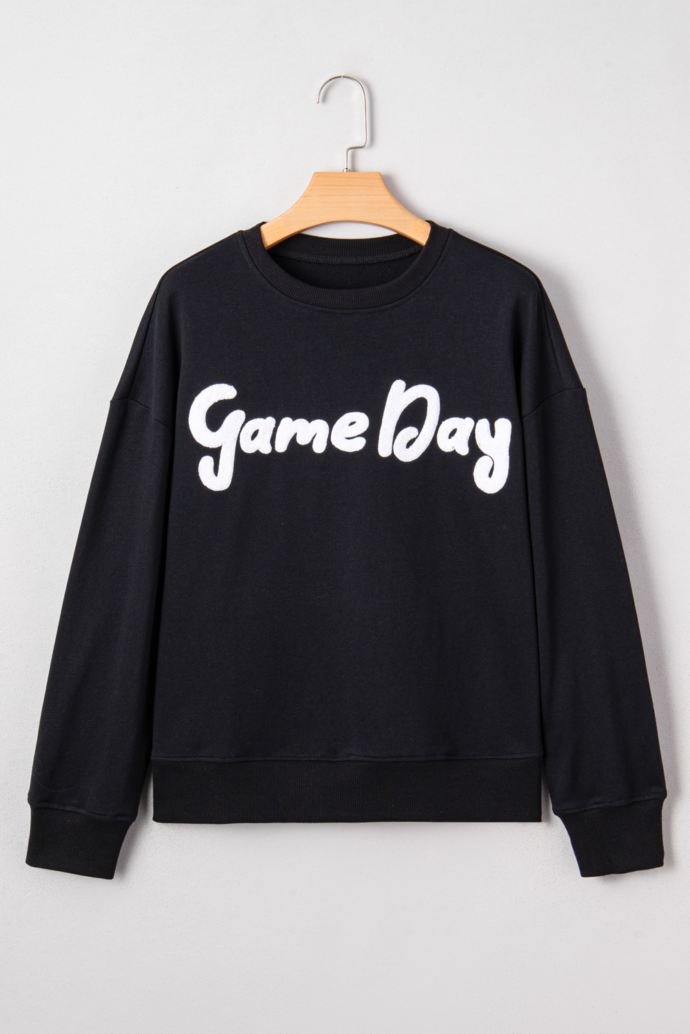 Black Chenille Game Day Graphic Drop Shoulder Sweatshirt - loveforevers