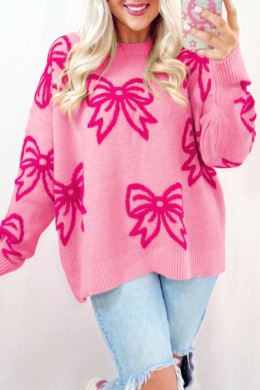 Golden Fleece Bow Pattern Drop Shoulder Loose Sweater - loveforevers