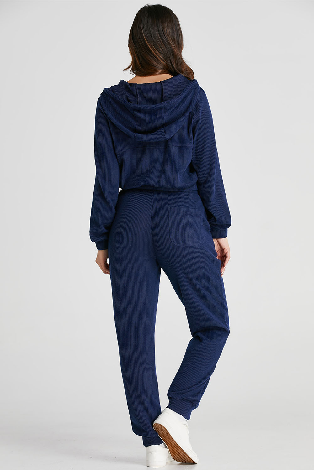 Navy Blue Ribbed Knit Cropped Hoodie and Drawstring Joggers Set - loveforevers