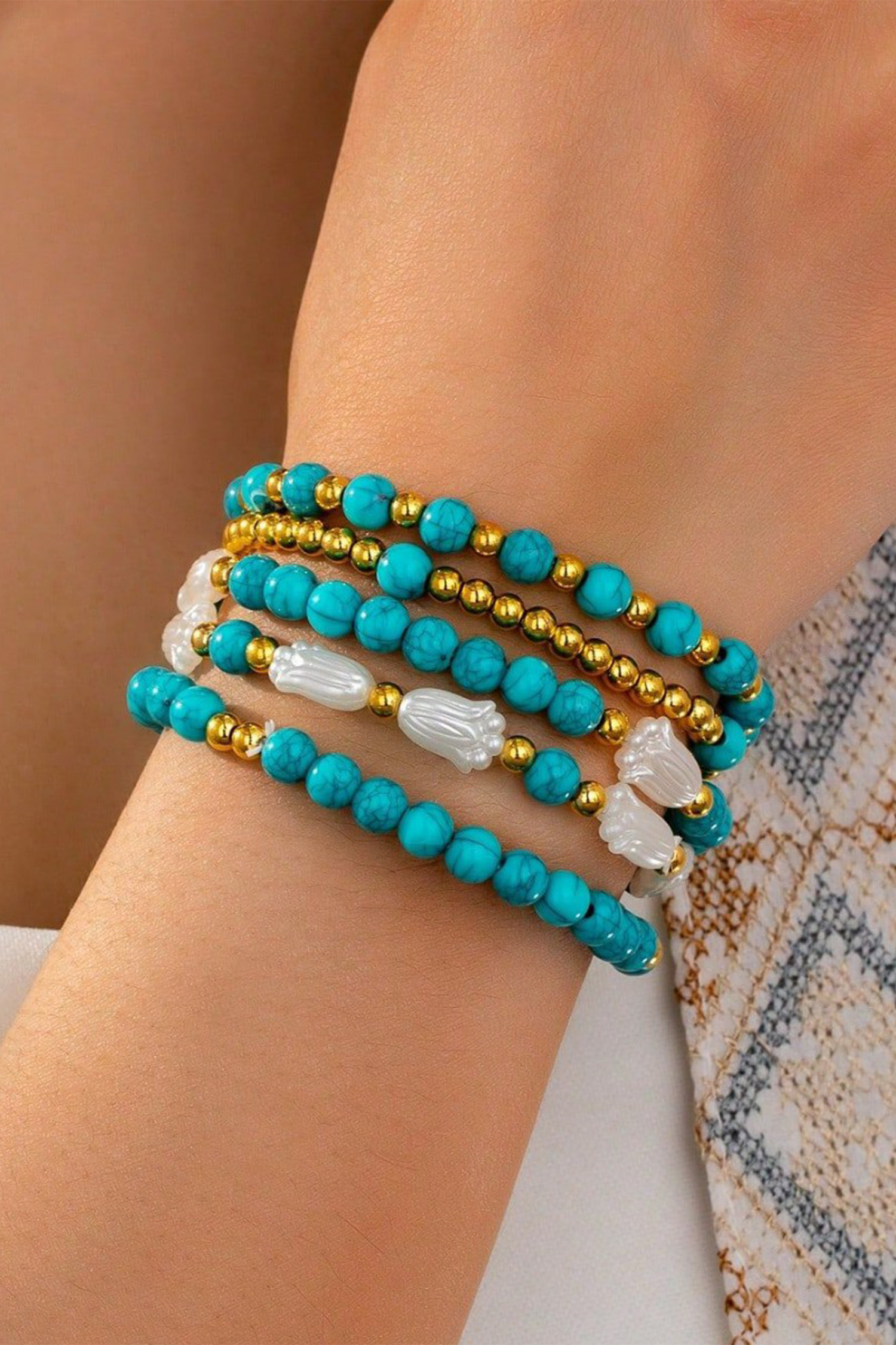 Turquoise Mixed Golden Beads Pearlish Detail 5pcs Bracelet Set - loveforevers