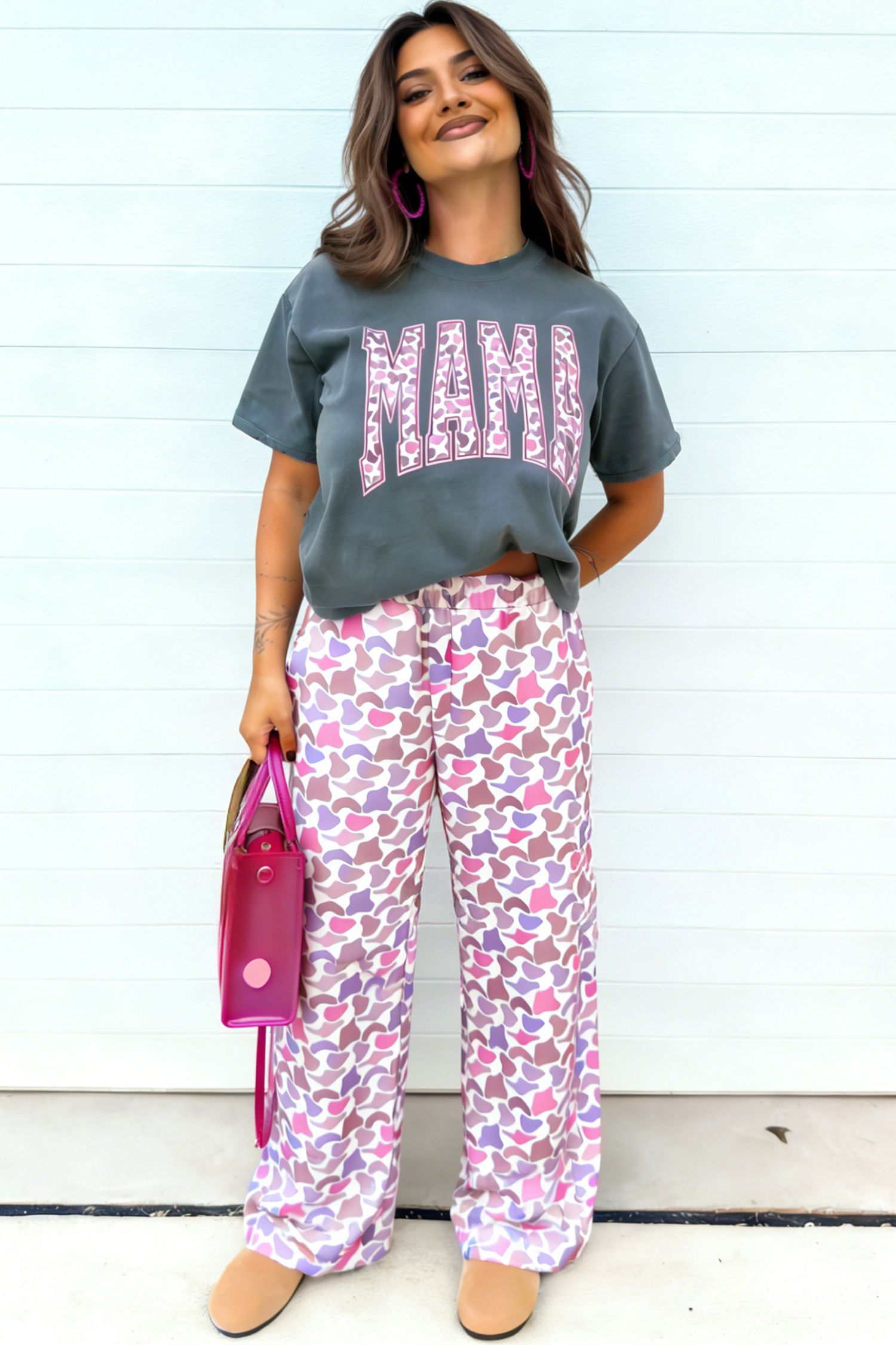 Medium Grey MAMA Letter Graphic Tee Camouflage Print Loose Pant Set - loveforevers