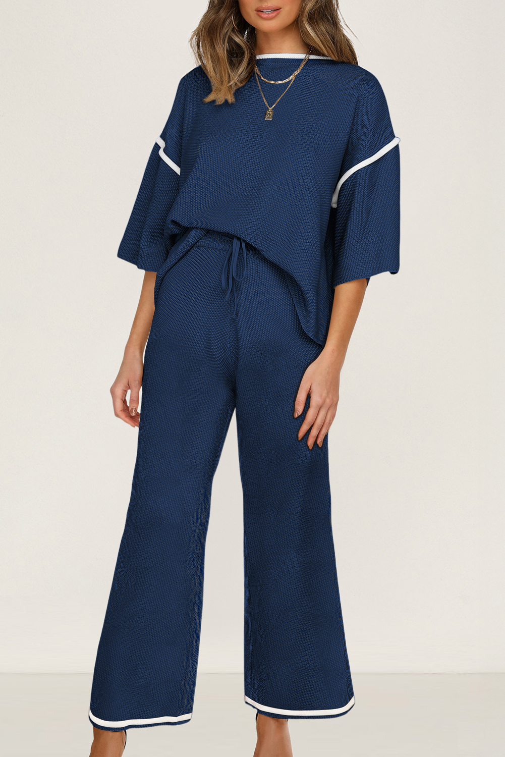 Blackish Green Contrast Trim Half Sleeve Top Drawstring Pants Loose 2pcs Sweater Suit - loveforevers