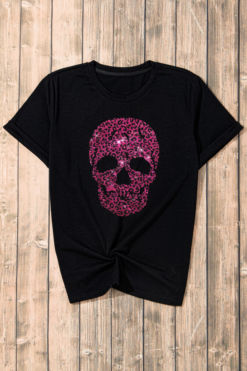Black Rhinestone Leopard Skull Graphic Crewneck Casual T Shirt - loveforevers