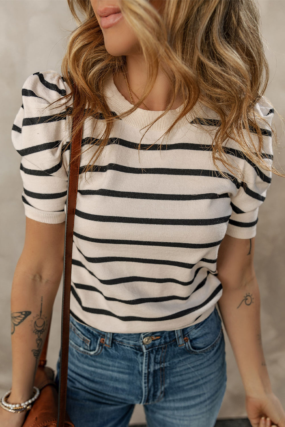 Blue Stripe Ribbed Trim Round Neck Bubble Sleeve Knitted Top - loveforevers