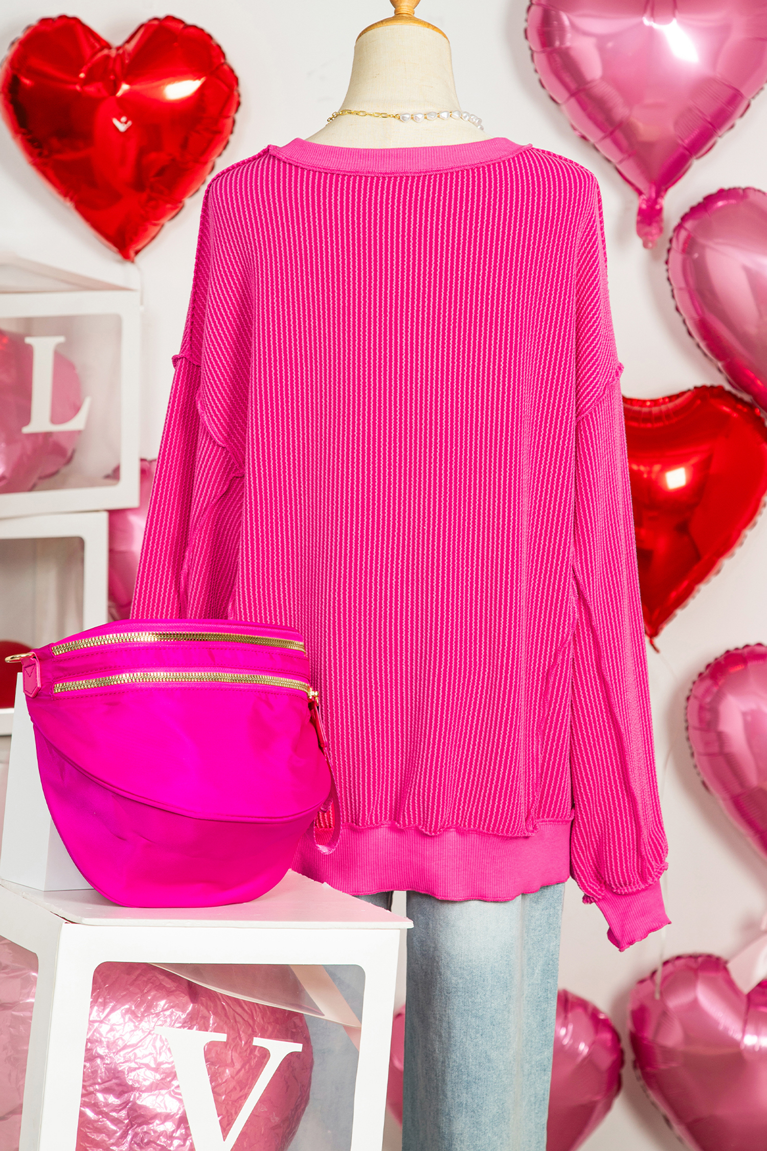 Strawberry Pink Twisted Ribbed Long Sleeve XOXO Bow Print Embroidered Patch Graphic Top - loveforevers