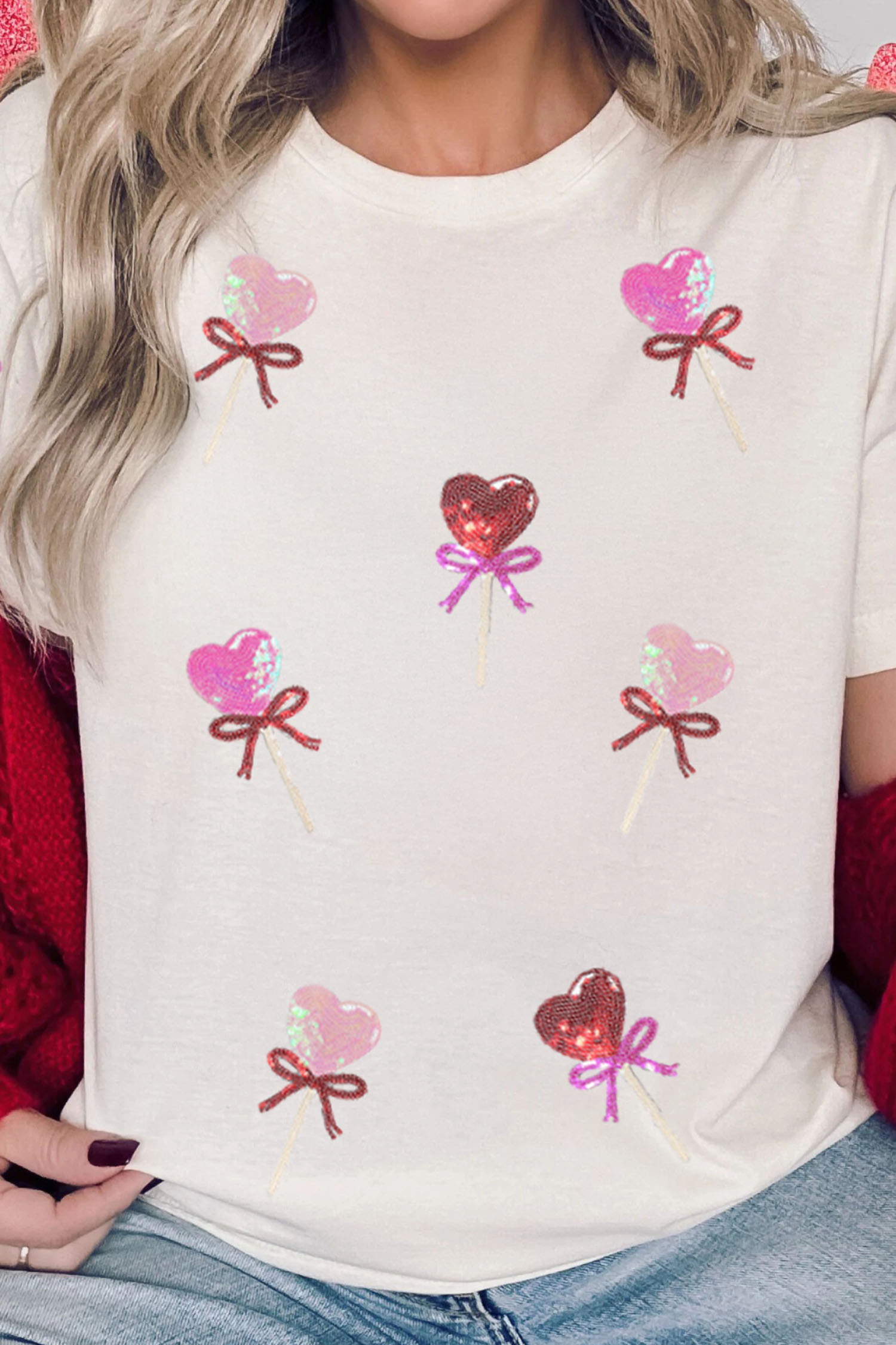 White Sequin Bow Heart Shape Lolly Valentines Day Graphic Tee - loveforevers