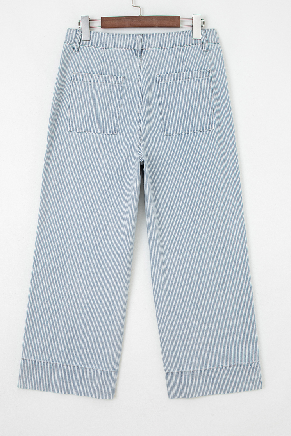Sky Blue Stripe Button Flap Pocket Cuffed Hem Wide Leg Jeans - loveforevers