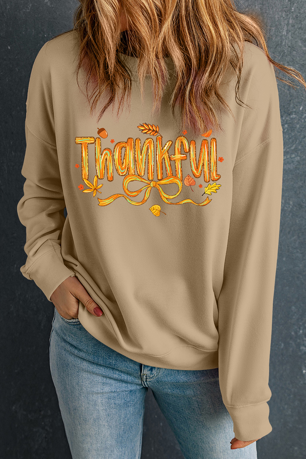Khaki Thankful Fall Vibe Graphic Thanksgiving Sweatshirt - loveforevers