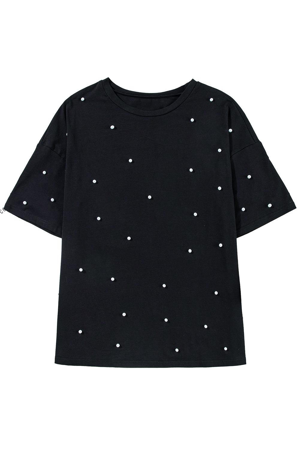 Black Pearl Beaded  Drop Shoulder Crewneck T Shirt - loveforevers