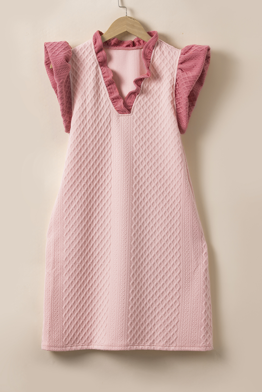 Light Pink Textured Puff Sleeve Ruffled V Neck Shift Mini Dress - loveforevers