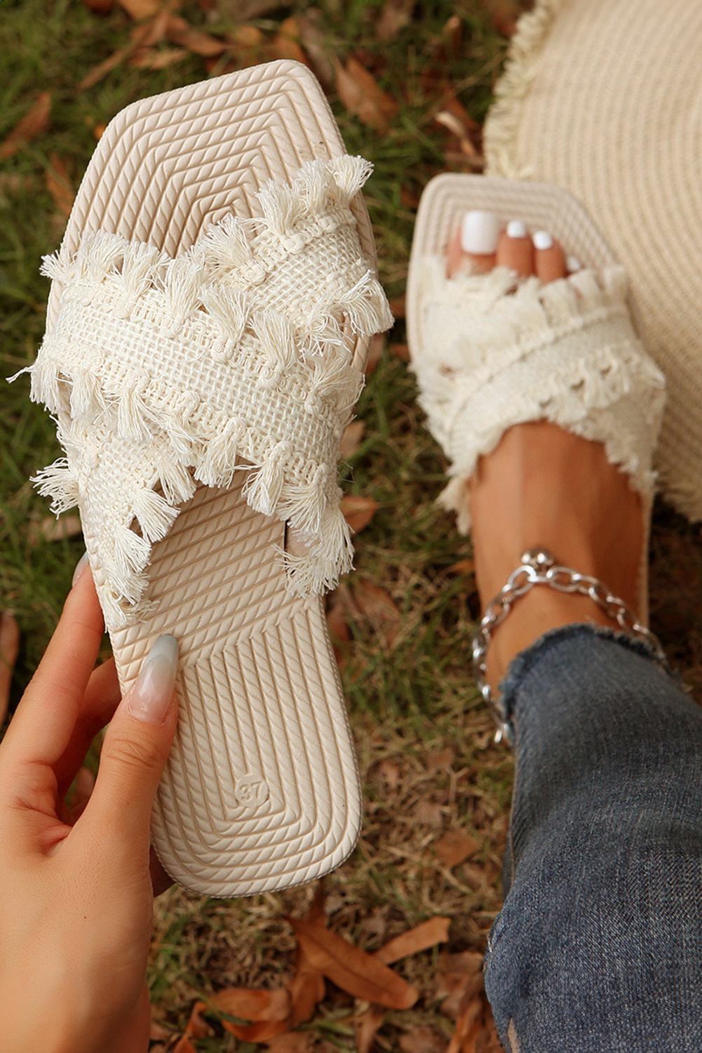 Beige Tassel Woven Crossed Straps Flat Slippers - loveforevers